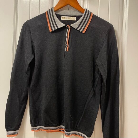 Vintage Camela Merino Wool Button-Collared Long Sleeve Polo Black Pink - Picture 3 of 9